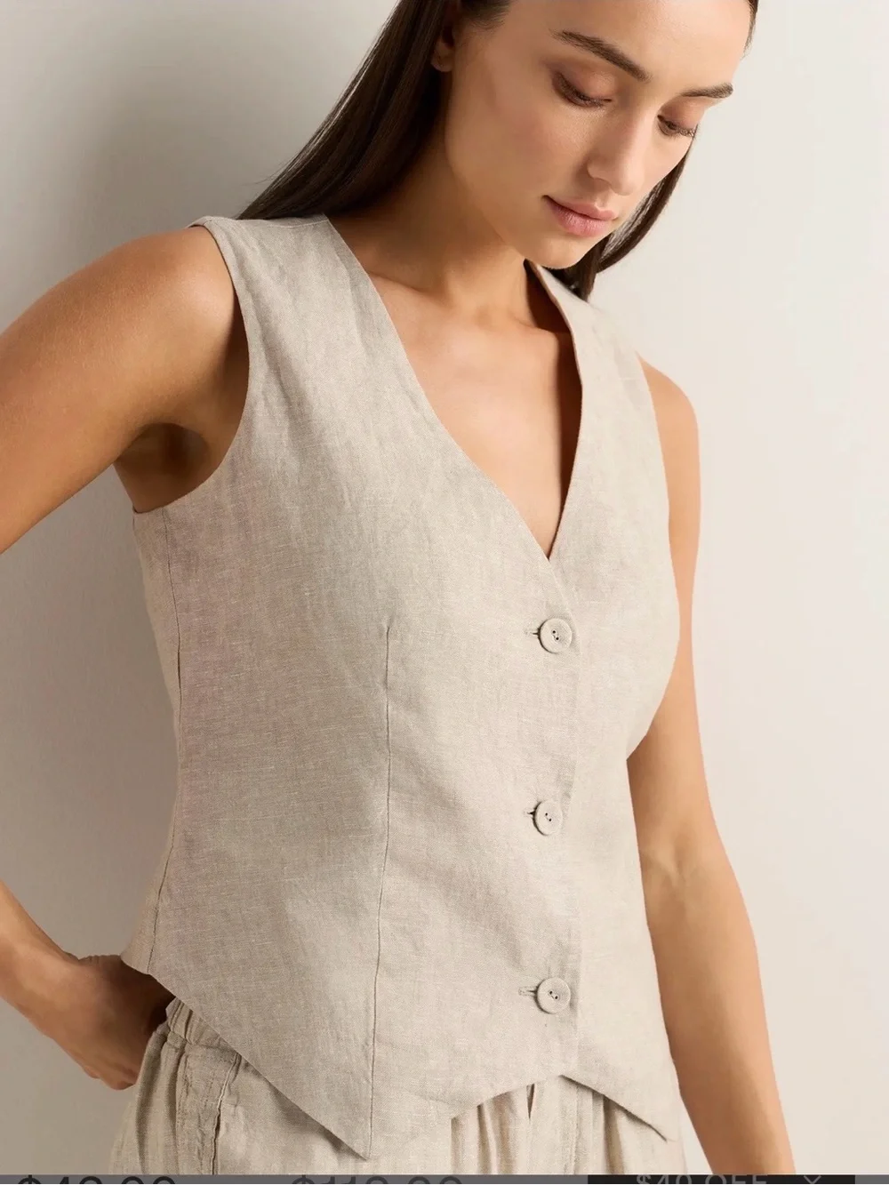Quince Sleeveless V-Neck Button Front Vest - Light Beige European Linen